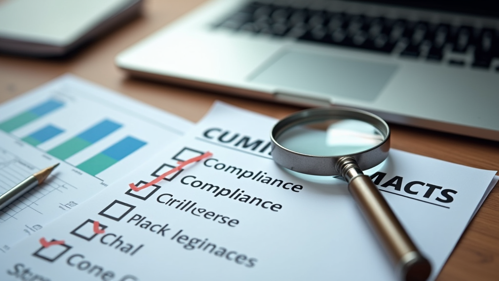 A digital checklist with compliance, rules, and a magnifying glass on a desk with laptop and affiliate marketing charts
