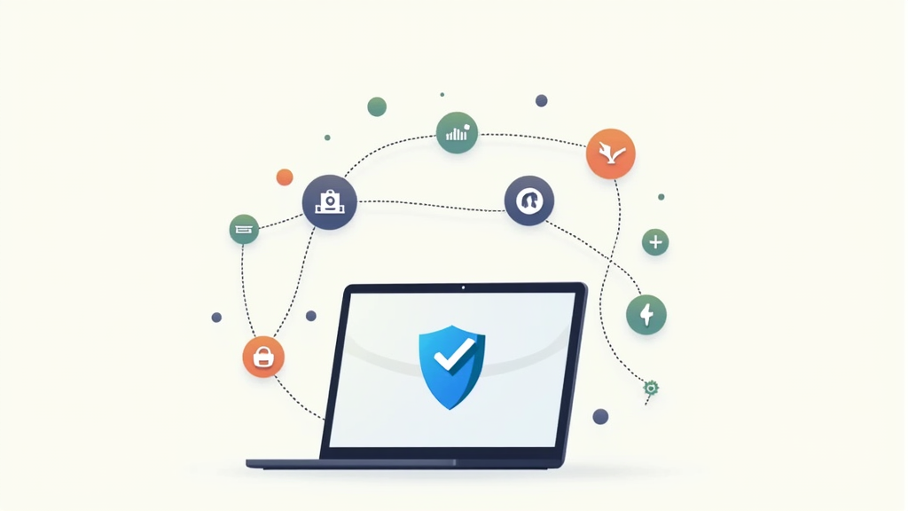 An illustration of a laptop surrounded by ethical affiliate marketing icons, such as a shield, checkmark, and interconnected links, on a neutral background.